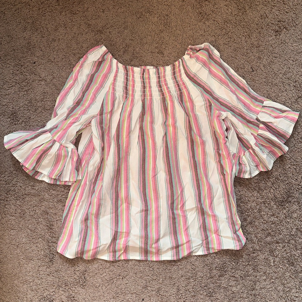 Colorful Striped Ruffle Sleeve Blouse - Picture 2 of 3